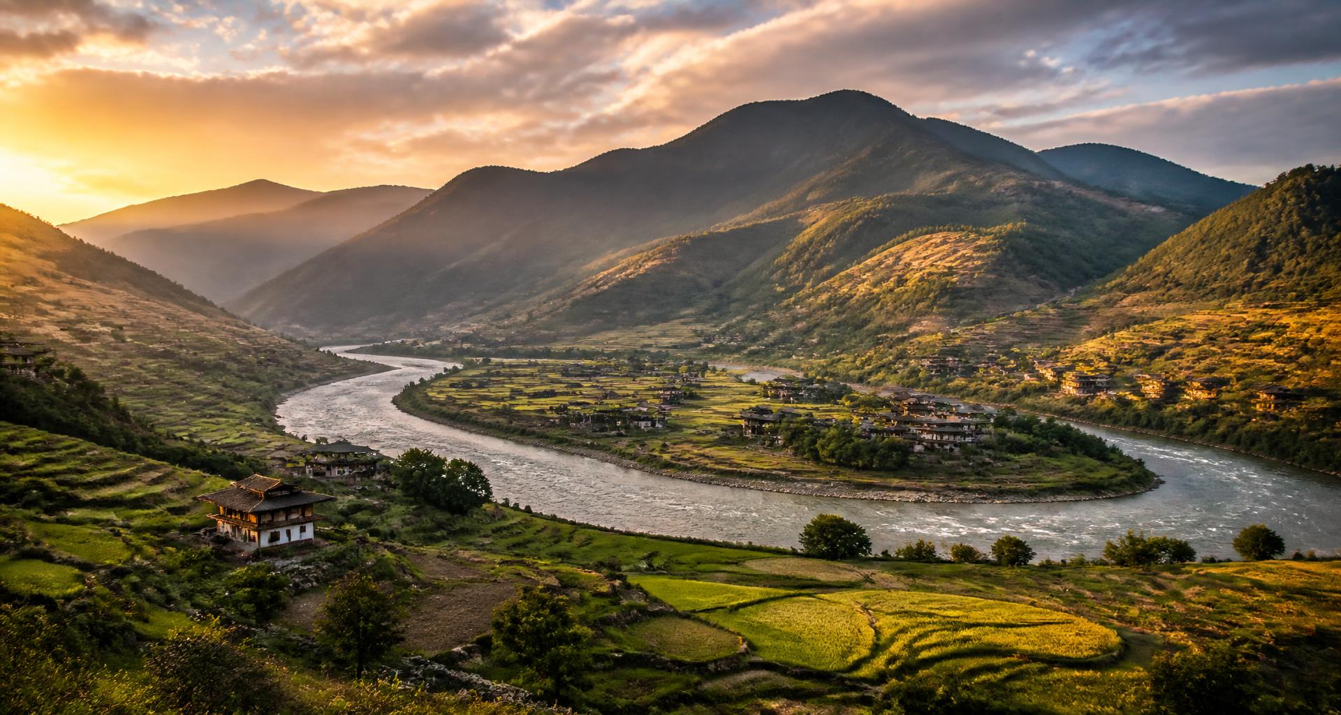 Punakha valley and river at golden hour