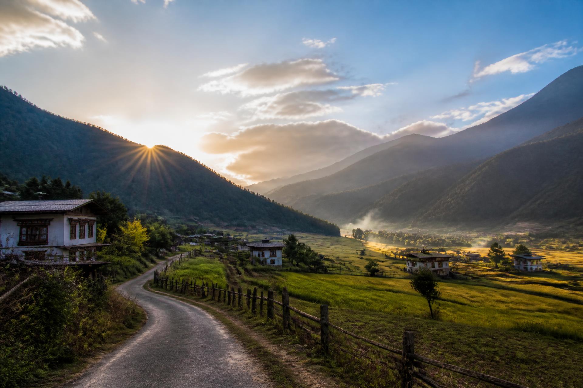 Paro valley and traditional Bhutanese farmhouses at sunrise