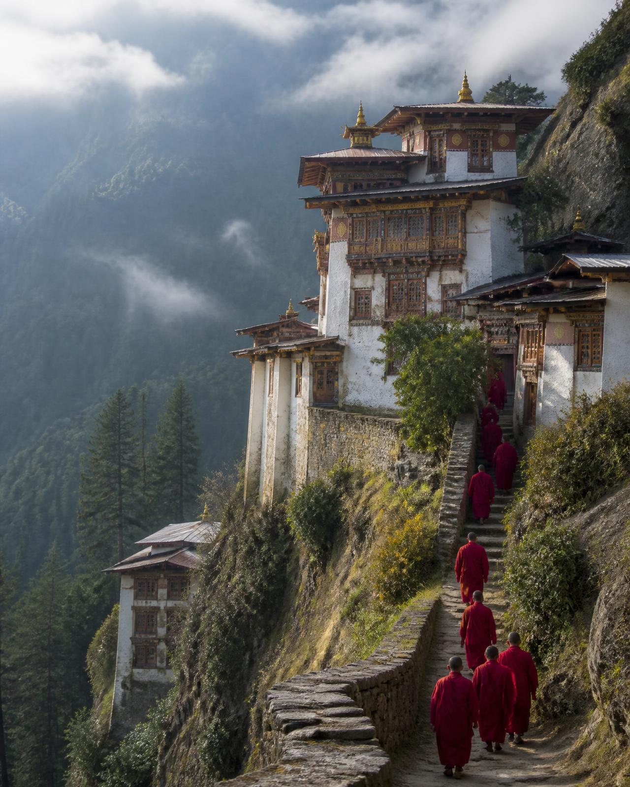 Monks walking to a hillside monastery in Bhutan