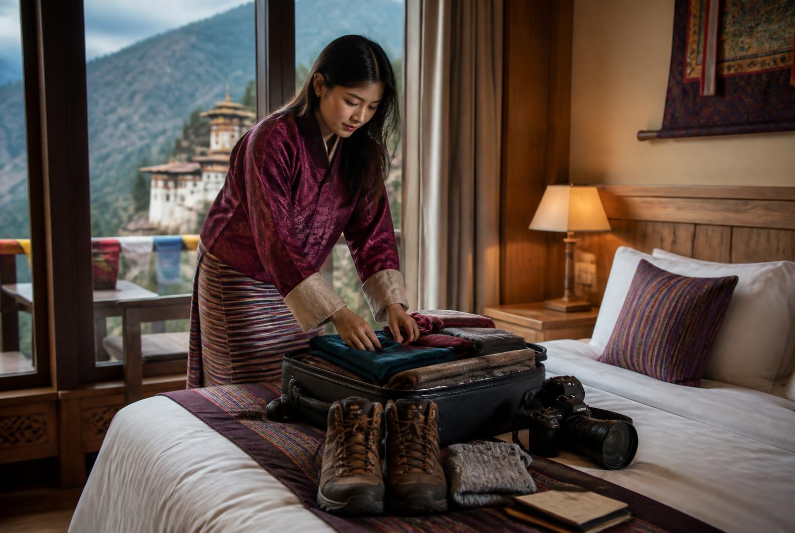 Preparing clothes and equipment for Bhutan
