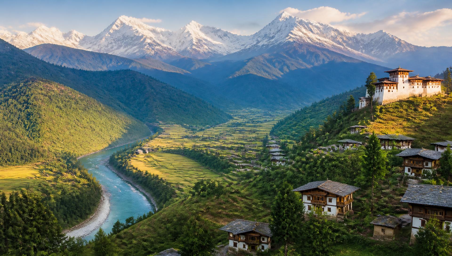 Aerial panorama of Bhutan's Himalayan valleys and winding rivers
